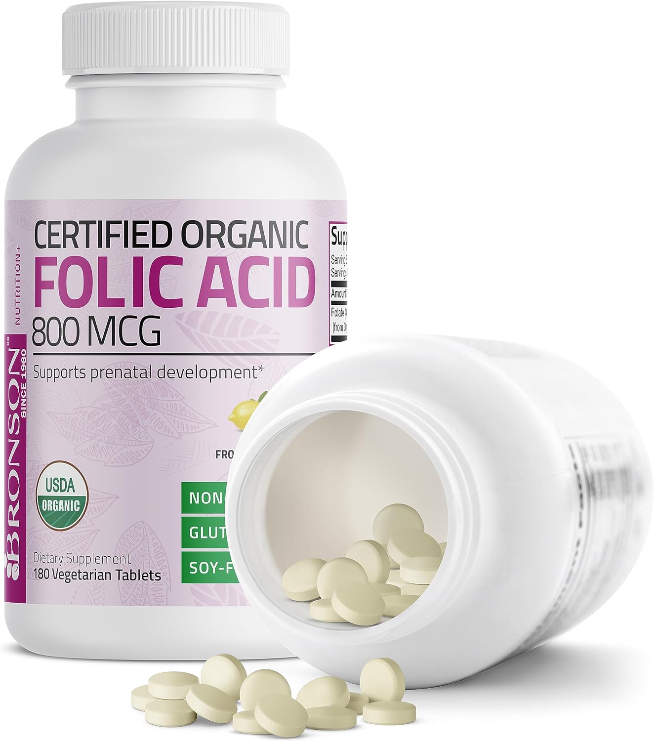 Bronson Organic Folic Acid (Vitamin B9 Folate) 800 mcg Natural Folate from Lemon Peel, 180 Tablets : Health & Household