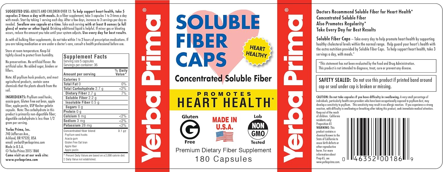 Yerba Prima Soluble Fiber Formula Capsules, 180 Count - Premium Dietary Fiber Supplement, Natural, Concentrated Soluble Fiber, Gluten Free, Non-GMO, Made in USA : Health & Household