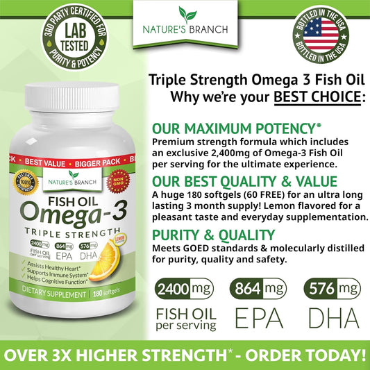 Best Triple Strength Omega 3 Fish Oil Pills - 180 Capsules - 2400mg High Potency Burpless Lemon Flavor 864mg EPA 576mg DHA Ultra Pure Liquid Softgels for Brain Joints Eyes Heart Health Supplement
