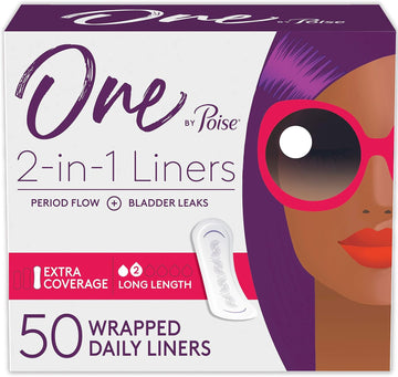 Poise Panty Liners (2-in-1 Period & Bladder Leakage Daily Liner), Long, Extra Coverage for Period Flow, Very Light Absorbency for Bladder Leaks, 50 Count