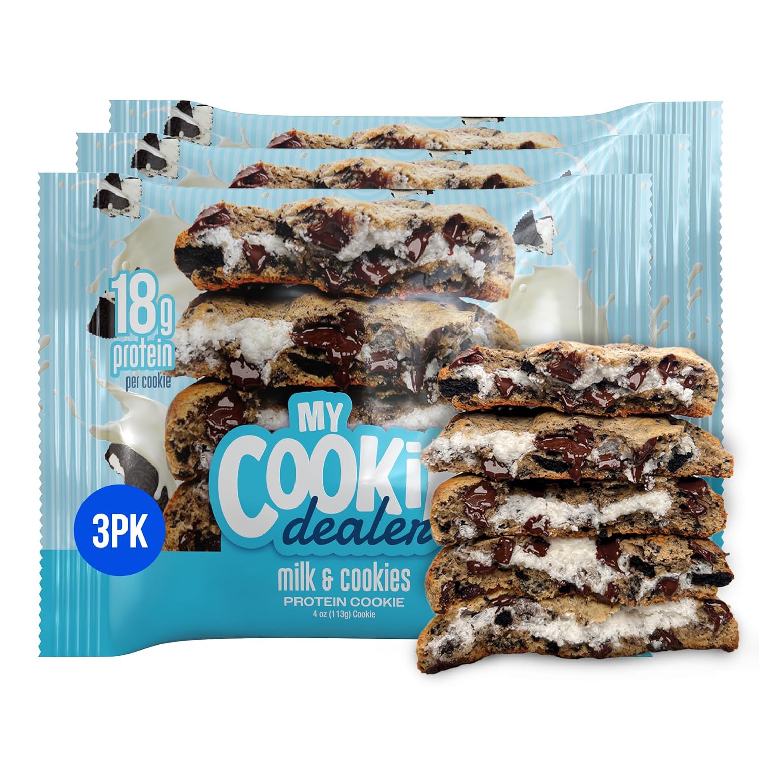 My Cookie Dealer Soft Baked Protein Cookies, Milk And Cookies (3-Pack, 4Oz Cookie) - 18G Protein Per Cookie (Made With Raw Nutrition Protein) - Individually Wrapped Travel Snacks…