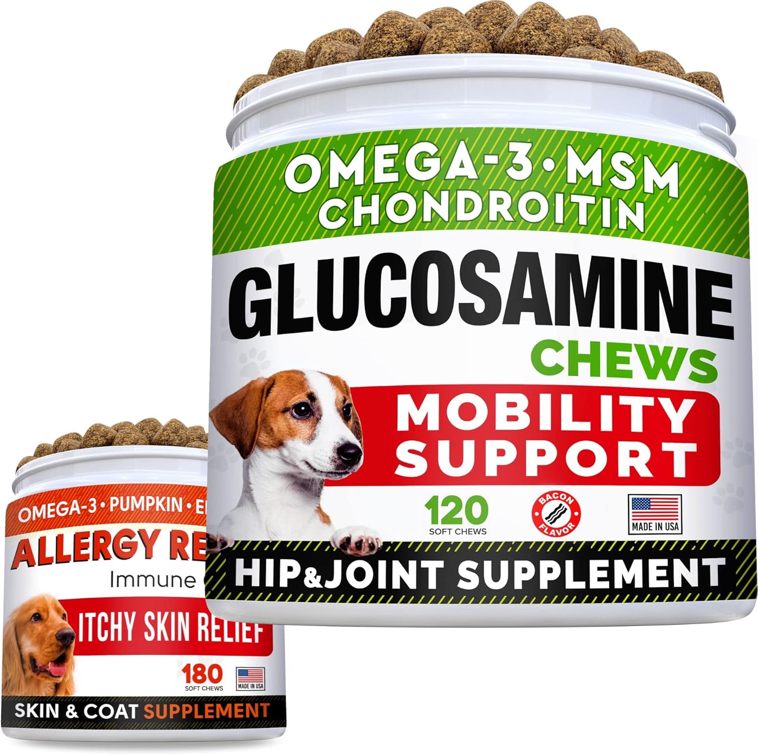 Glucosamine Treats + Allergy Relief Dog Bundle - Joint Supplement W/Omega-3 Fish Oil + Itchy Skin Relief - Chondroitin, Msm + Pumpkin + Enzymes + Turmeric - Skin & Coat - 120+180 Chews - Made In Usa