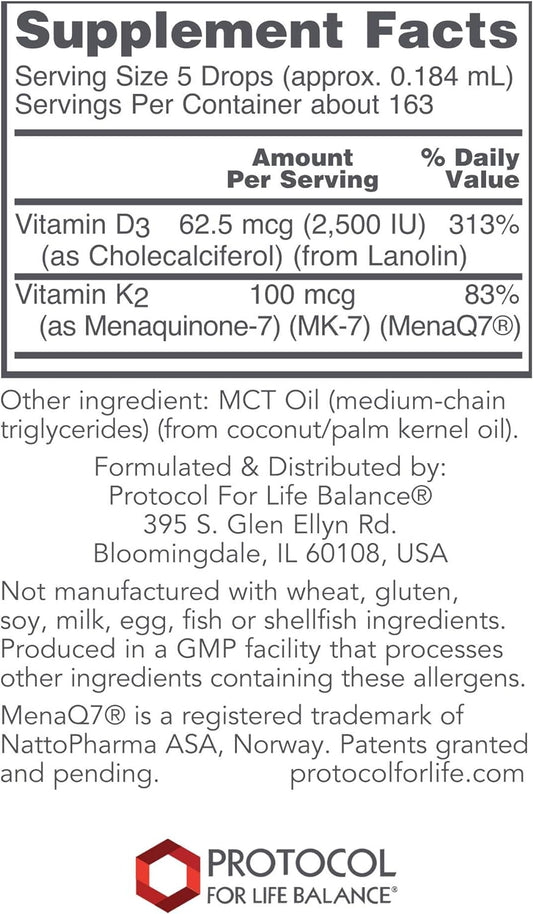 Protocol Liquid D3 & MK-7 - Bone Density & Immune System Supplement* - Liquid Vitamin D - for Teeth Health* - Vitamin D3 & K2 - Non-GMO, Kosher, Halal - 163 Servings - 1 fl oz