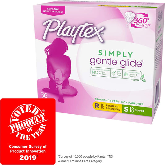 Playtex Simply Gentle Glide Tampons, Multipack (18Ct Regular/18Ct Super Absorbency), Fragrance-Free - 36Ct