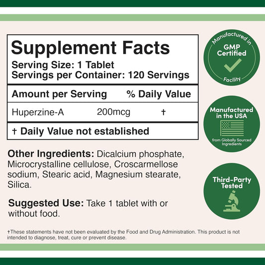 Huperzine A 200Mcg (Third Party Tested) Non-Gmo, Gluten Free, 120 Tablets, Brain Supplement To Promote Acetylcholine (Acetylcholinesterase Inhibitor) - Supports Memory And Focus By Double Wood