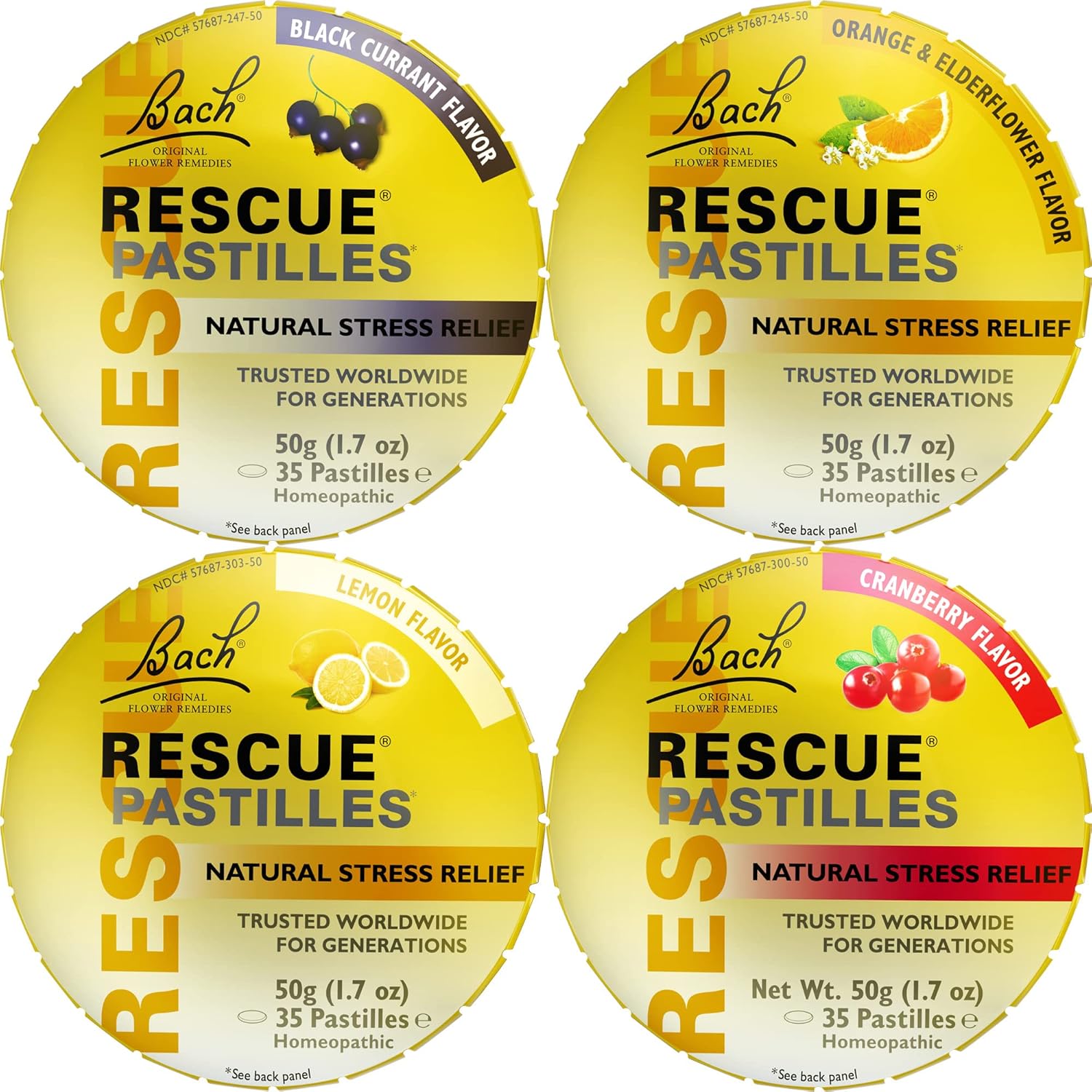 Bach Rescue Pastilles Variety Pack Natural Stress Relief Lozenges, Homeopathic Flower Essence, Vegetarian, Gluten And Sugar-Free, 4-Pack