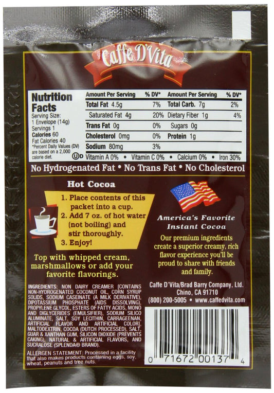 Caffe D’Vita Sugar Free Hot Cocoa Mix - Sugar Free Hot Chocolate Mix, Gluten Free, Low Fat, No Cholesterol, No Hydrogenated Oils, No Trans Fat, Kosher-Dairy, Hot Cocoa Mix Bulk - 16 Gm Each, 24-Pack