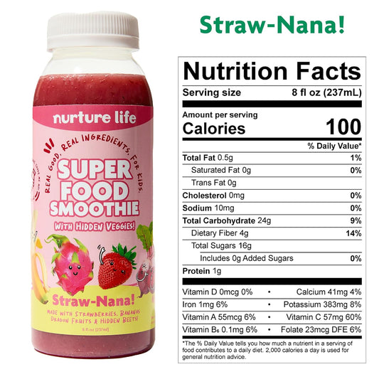 Nurture Life Superfood Smoothies, Healthy Toddler Snacks To-Go With Hidden Fruits & Veggies, Fruit Smoothies For Kids, Fresh Organic Drinks For Children, No Sugar Added, 6 Bottles, Straw-Nana Flavor