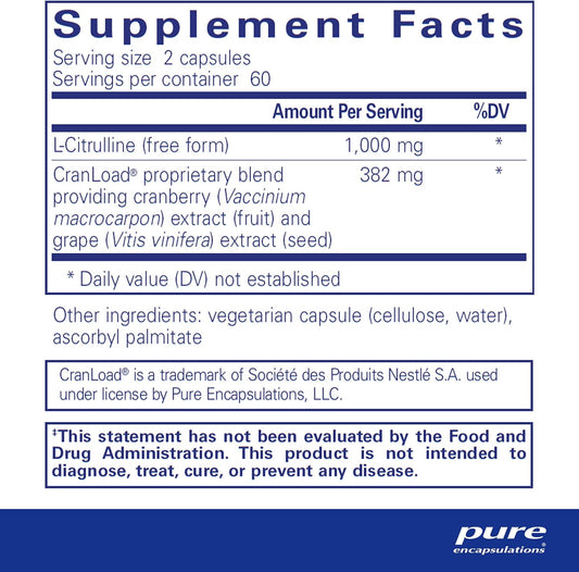 Pure Encapsulations Nitric Oxide Ultra (Capsules) - Supplement Supports Nitric Oxide Production, Healthy Blood Flow & Vascular Health - With L-Citrulline & Cranload Cranberry Extract - 120 Capsules