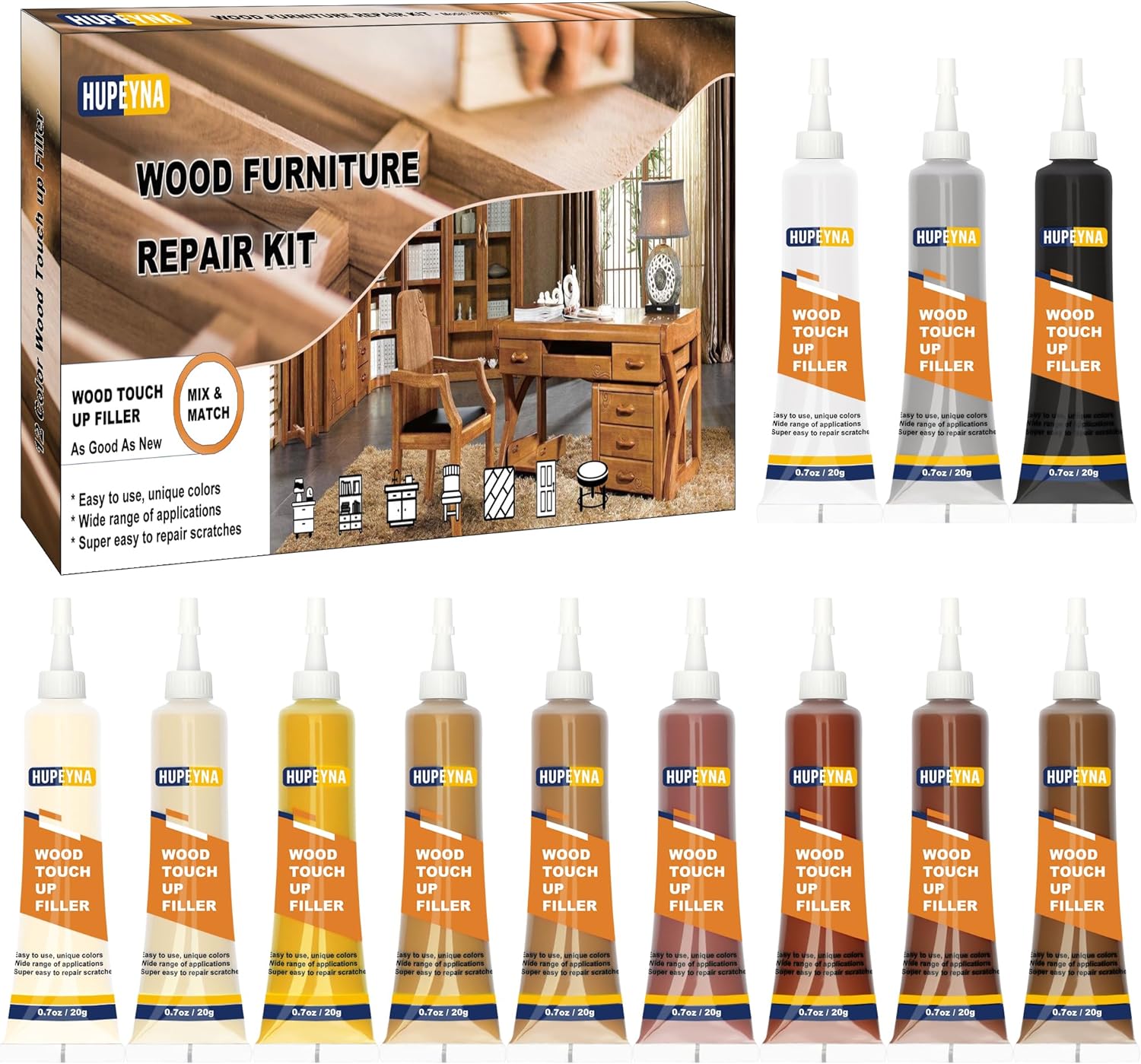 Wood Furniture Repair Kit, 12 Colors Wood Repair Kit, Wood Touch up Fillers, Repair Scratch, Cracks, Discoloration for Wooden Cabinet, Floor, Door, Table Surfaces Wood Filler Paint