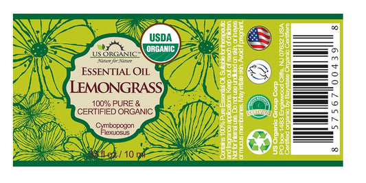 US Organic 100% Pure Lemongrass Essential Oil, USDA Certified Organic, Extracted by Steam Distillation Method, for Hair, Nail Polish Remover, Bees Attraction, and More. 10 ml