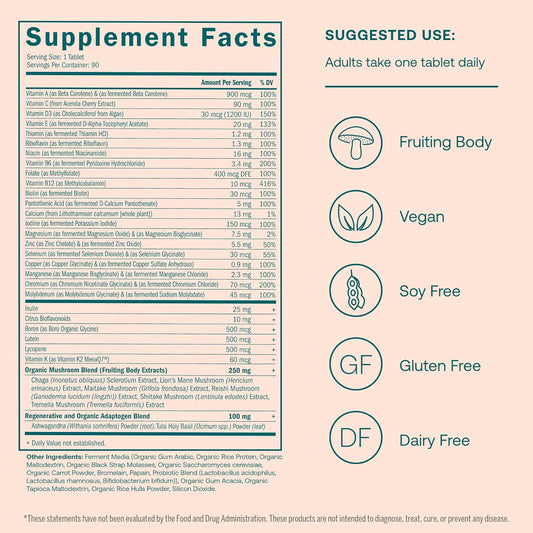 True Grace One Daily Women’S Multivitamin 40+ Fermented Minerals, Organic Adaptogens & Mushrooms Energy, Immune, Bone, Heart Support - Iron Free, Non-Gmo, Gluten Free, Soy Free - 90 Vegan Tablets