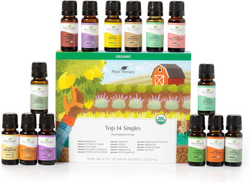 Plant Therapy Top 14 Organic Essential Oil Singles Set 100% Pure Essential Oils, Undiluted, Natural Aromatherapy For Diffusion And Body Care 10 Ml (1/3 Oz) Each