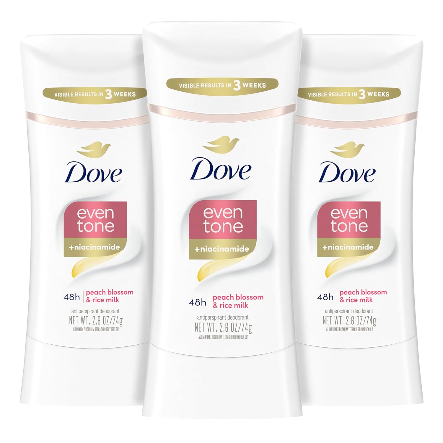 Dove Even Tone Antiperspirant Deodorant Stick Peach Blossom & Rice Milk 3 Count 2.6 Oz