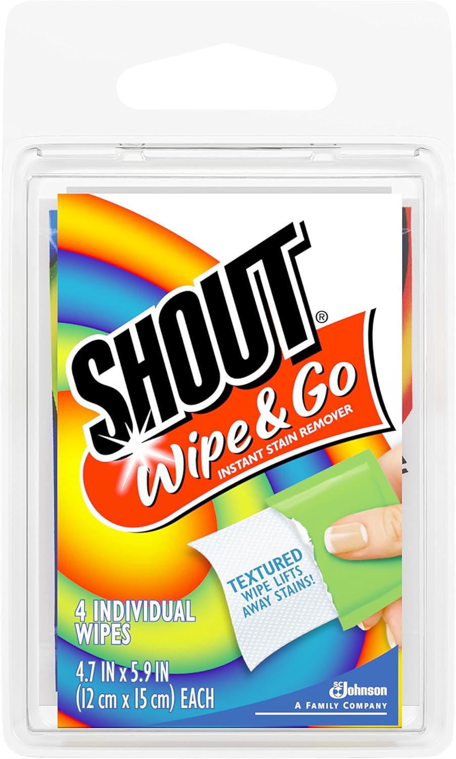 Shout Wipes, Wipe and Go Instant Stain Remover, Laundry Stain and Spot Remover for On-the-Go, 4 Wipes (Pack of 1)