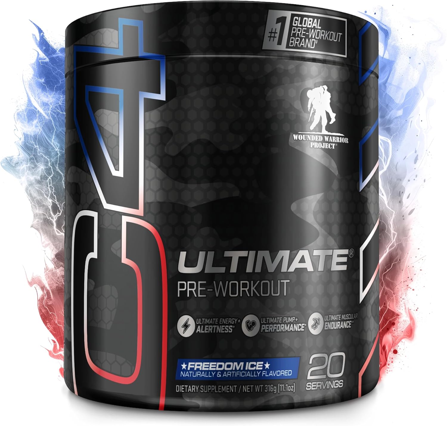 C4 Ultimate X Wounded Warrior Project Pre Workout Powder Freedom Ice - Sugar Free Preworkout Energy Supplement For Men & Women - 300Mg Caffeine + 3.2G Beta Alanine + 2 Patented Creatines - 20 Servings