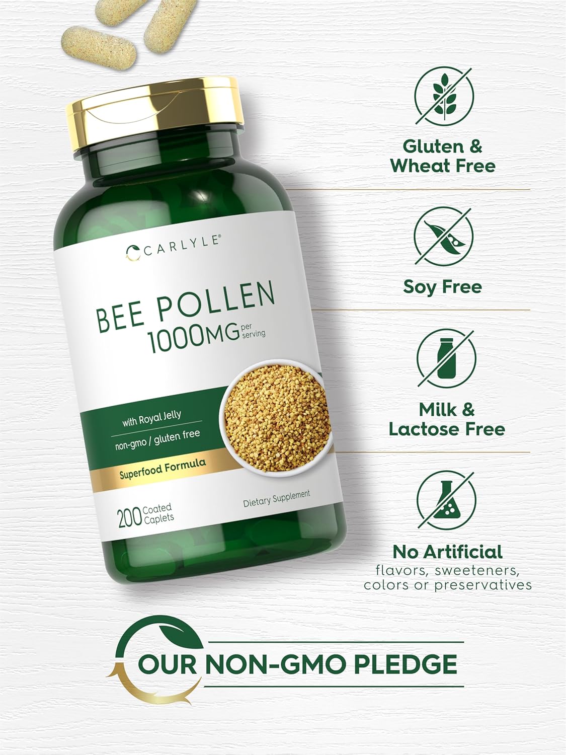 Carlyle Bee Pollen Supplement 1000mg | 200 Caplets | with Royal Jelly and Bee Propolis | Vegetarian, Non-GMO, Gluten Free : Health & Household