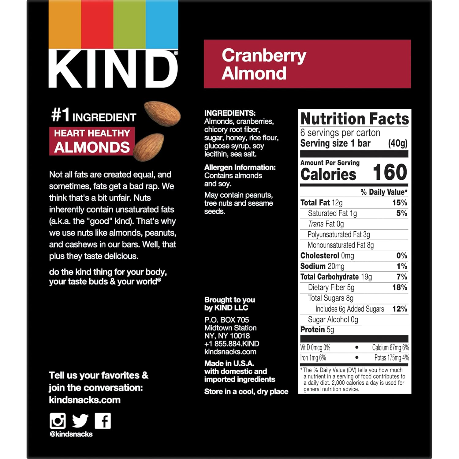 KIND Cranberry Almond + Antioxidants, 6 Count (Pack Of 1), Net weight: 8.4 Oz : Grocery & Gourmet Food