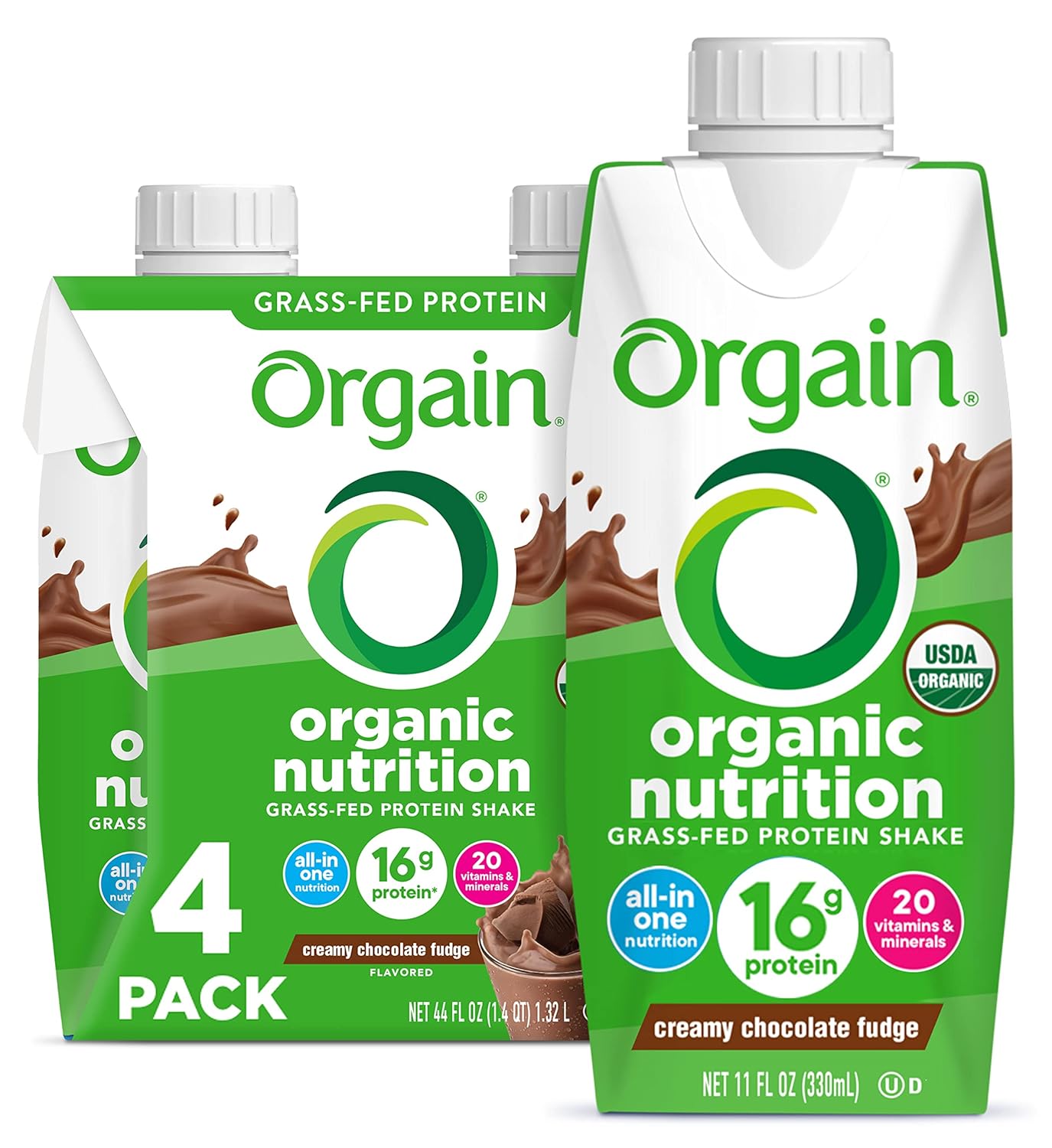 Orgain Organic Nutritional Protein Shake, Creamy Chocolate Fudge - 16G Grass Fed Whey Protein, Meal Replacement, 20 Vitamins & Minerals, Fruits & Vegetables, Gluten Free, Non-Gmo, 11 Fl Oz (4 Pack)