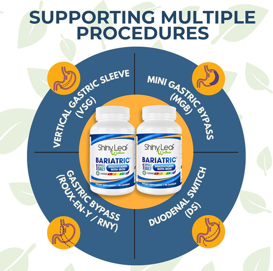 Shiny Leaf Bariatric Multivitamin With Iron - 45 Mg For Gastric Bypass, Sleeve Gastrectomy, Roux-En-Y, Duodenal Switch - 22 Vitamins & Minerals, Asmbs Compliant, Vegetarian, Made In Usa, Gmp, 180 Ct