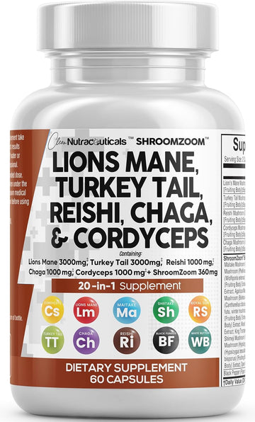 Clean Nutraceuticals Lions Mane 3000mg 20in1 Mushroom Supplement with Turkey Tail 2000mg Reishi 1000mg Cordyceps Chaga 1000mg Maitake Meshima Poria Cocos Shiitake 60 Count