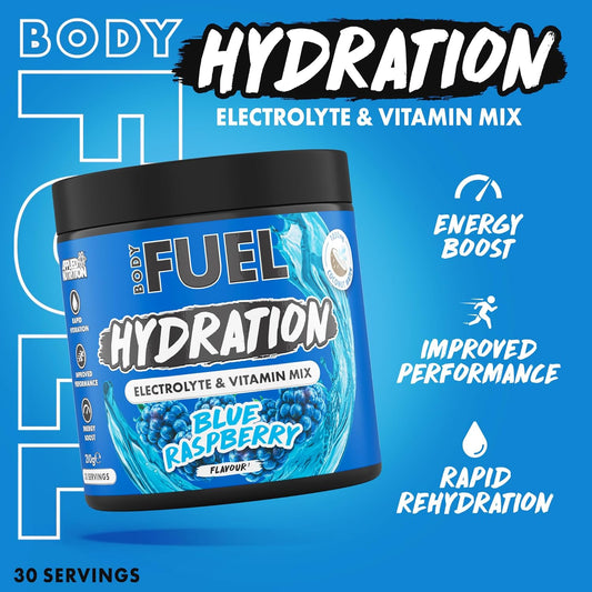 Bodyfuel Hydration Electrolyte & Vitamin Powder - Natural Energy & Reduces Tiredness & Optimise Hydration (210G - 30 Servings)(Blue Raspberry)