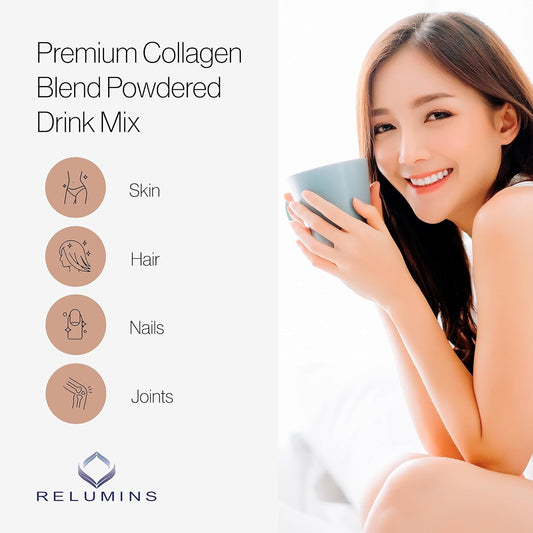 Relumins Marine Collagen Powder Drink Mix - Collagen Peptide With Glutathione, Green Tea, Coq10, & Hyaluronic Acid Boosts Smooth Glowing Skin - 100 Powder Sachets X Vanilla Flavored + 10 Free Sachets