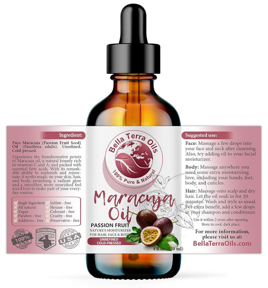 Bella Terra Oils - Maracuja Seed Oil 4oz - Dive into the Passion Fruit's Nutritional Profile, Enriched with Vitamin A & Essential Fatty Acids, for Natural Skin Nourishment