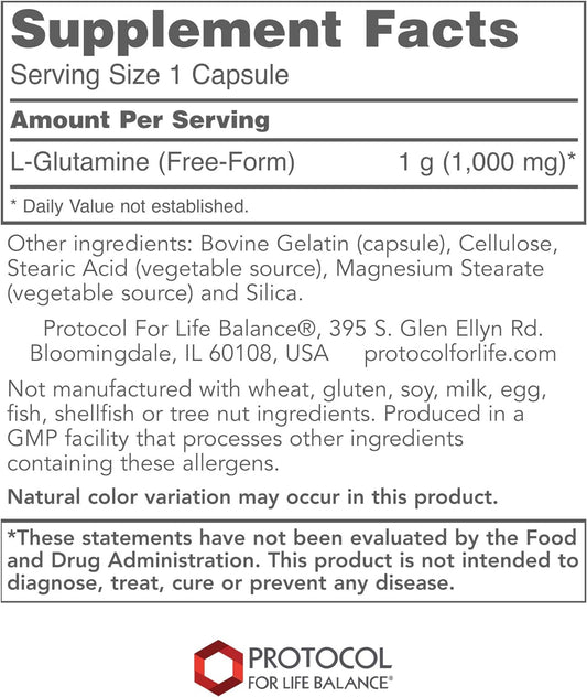 Protocol L-Glutamine 1,000mg - Supports Gut Health & Immunity* - Amino Acid Supplement - Capsules for Gastrointestinal Integrity* - Made Without Gluten, Dairy-Free, Kosher - 120 Veg Caps