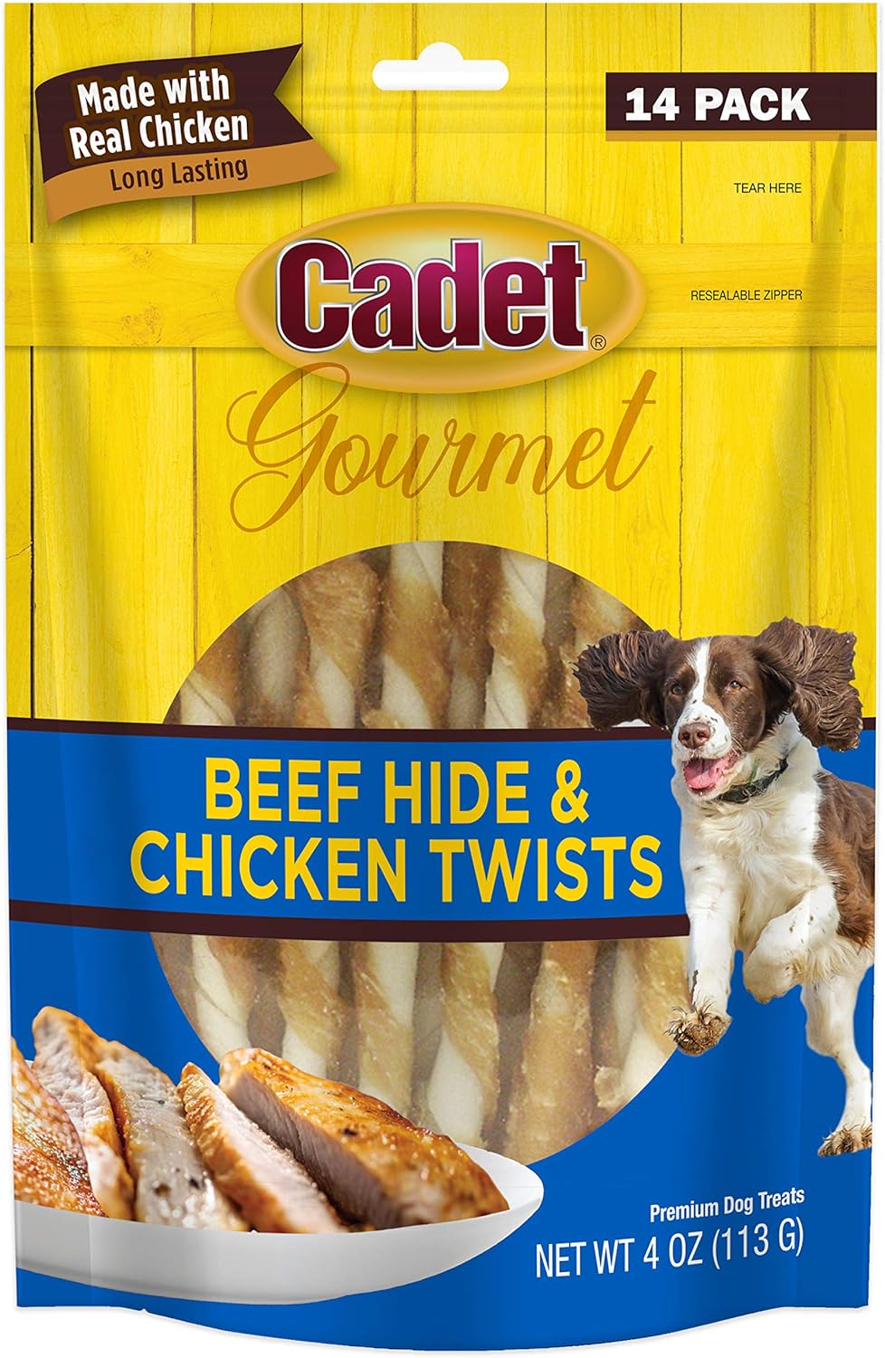 Cadet Gourmet Beef Hide & Chicken Twists Dog Treats - Healthy & Natural Rawhide & Chicken Dog Treats for Small & Large Dogs - Inspected & Tested in USA, 5 In. (14 Count)