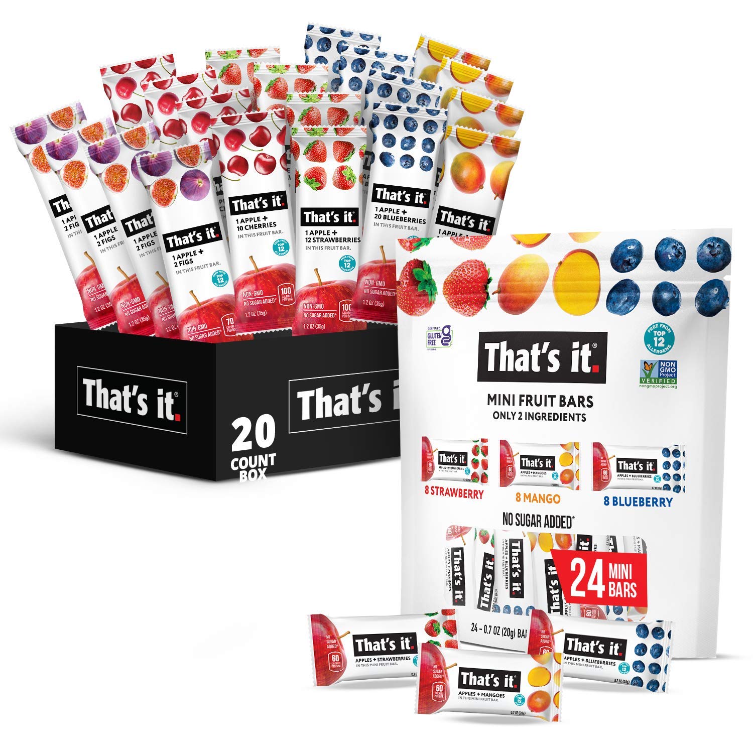 That'S It Fruit Bars Snack Gift Box (20 Pack) (Strawberry, Mango, Blueberry, Cherry & Fig Bars) With Mini Fruit Bars Variety (24 Pack) (Blueberry, Strawberry & Mango Bars)