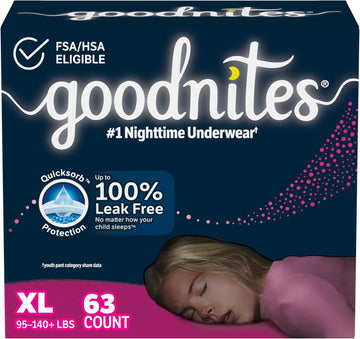 Goodnites Girls' Nighttime Bedwetting Underwear, Size Extra Large (95-140+ Lbs), 63 Ct (3 Packs Of 21), Packaging May Vary