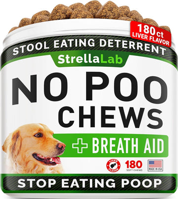 Strellalab No Poo Treats For Dogs - Coprophagia Stool Eating Deterrent - No Poop Eating For Dogs - Digestive Enzymes - Gut Health & Immune Support - Stop Eating Poop - Chicken Liver Flavor 180 Chews