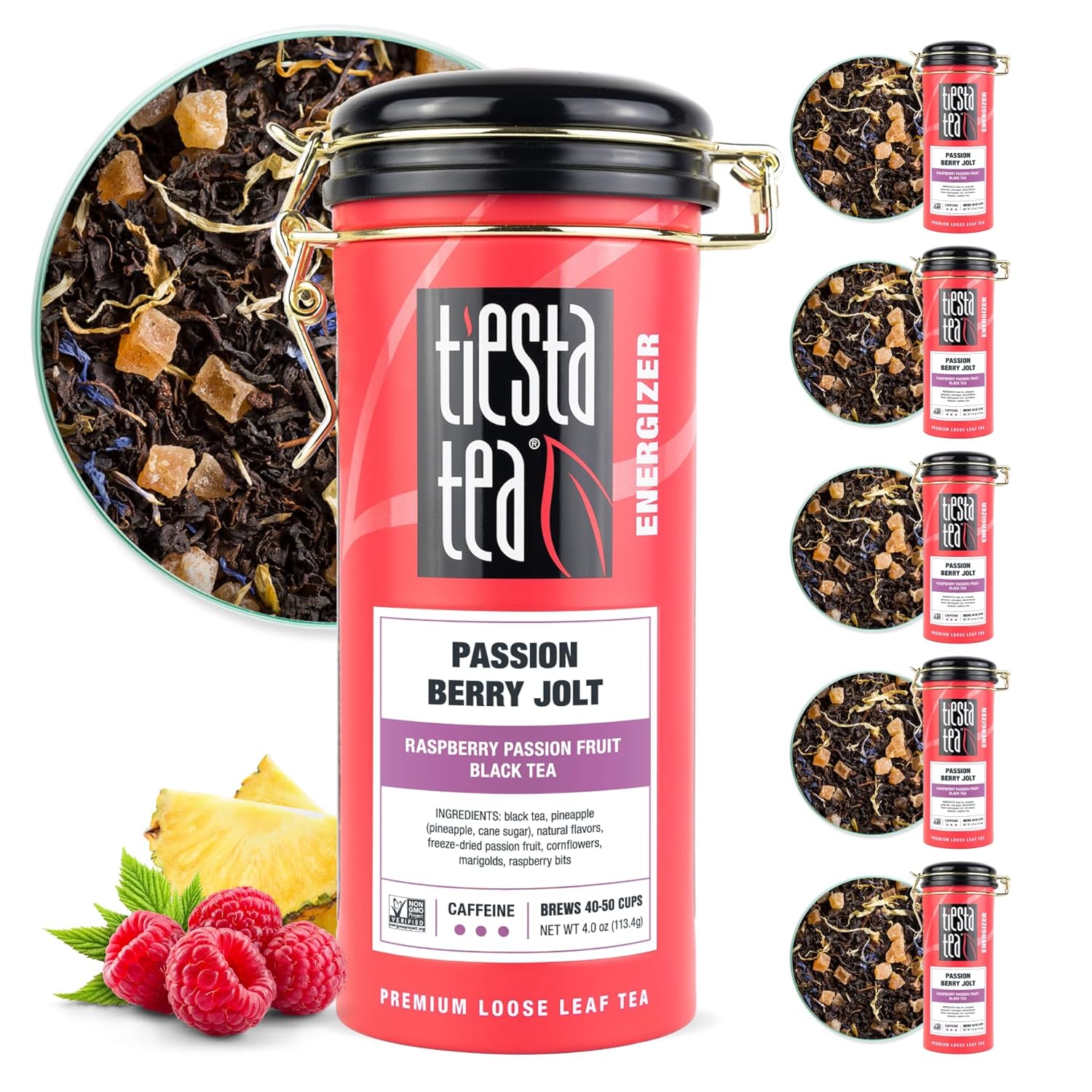 Tiesta Tea - Passion Berry Jolt, Raspberry Passion Fruit Black Tea, Loose Leaf, Up To 50 Cups, Make Hot Or Iced, Caffeinated, 4 Ounce Refillable Tin, Pack Of 6