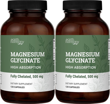 Earth Harmony Chelated Magnesium Glycinate 500Mg - 120 Capsules (2-Pack, 1000Mg Total)