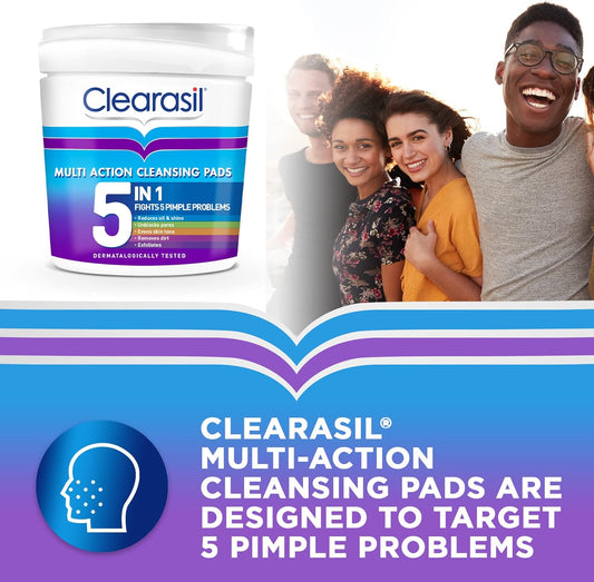 Clearasil 5-In-1 Multi-Action Cleansing Salicylic Acid Pads, Face Exfoliating For Acne Prone Skin, Unblock Pores, Reduces Blackheads, Pimples & Excess Oil, Everyday Spot Prevention, 65 Each x 3