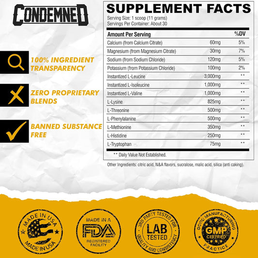 Condemned Labz Confined Eaa + Bcaa | Intra Or Post Workout Muscle Recovery & Hydration | Full Spectrum Amino Acids + Electrolytes | 30 Servings (Fruit Punch)