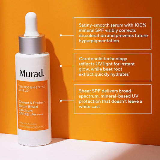 Murad Correct & Protect Broad Spectrum Spf 45 - Environmental Shield 100% Mineral Sunscreen Serum - Blue Light Defense - Brightens And Reduces Discoloration, 1.0 Fl Oz