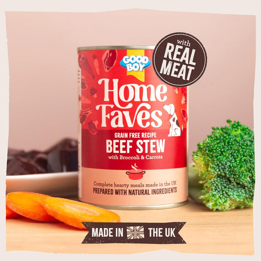Good Boy Home Faves Grain Free Wet Dog Food Cans, Beef Stew, 6 Tins X 395 G