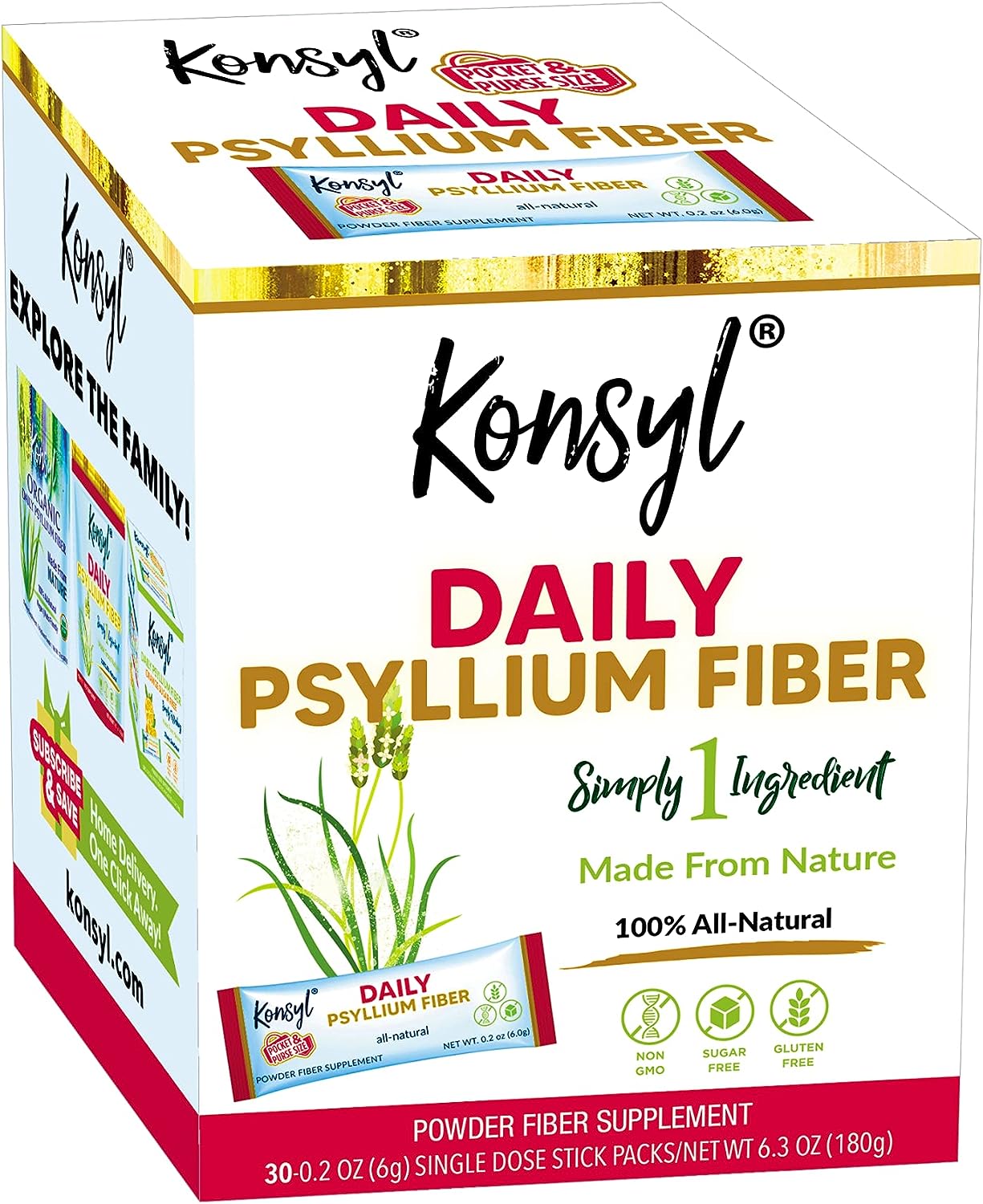 Konsyl Daily Psyllium Fiber Stick Packs - On-The-Go Fiber Supplement Powder - Convenient, All-Natural Soluble Fiber, Gluten-Free & Sugar-Free, Vegan & Keto - 30 Packets