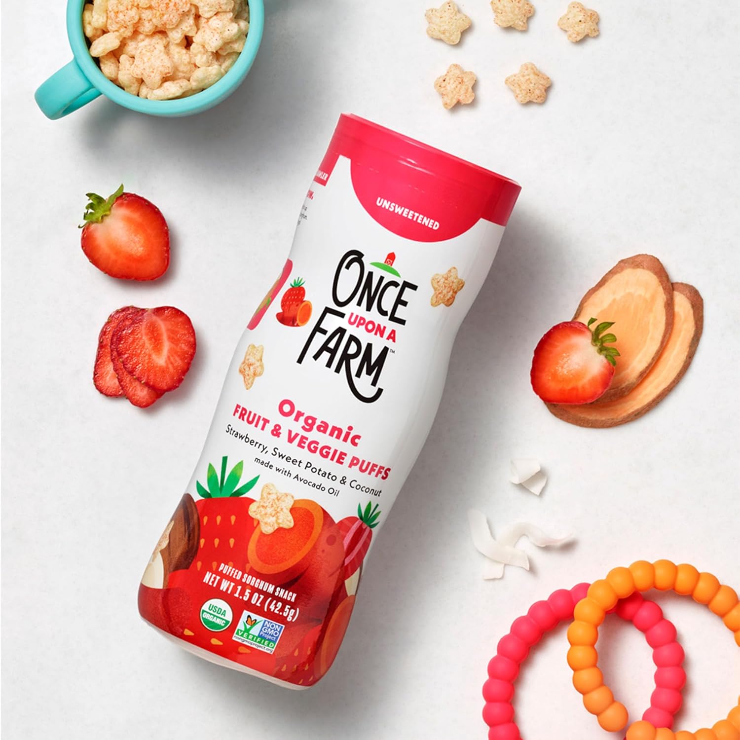 Once Upon a Farm Organic Baby Fruit & Veggie Puffs Strawberry, Sweet Potato & Coconut | 6 count : Baby
