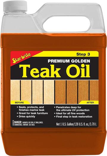 STAR BRITE Premium Golden Teak Oil - Ultimate Sealer, Preserver & Finish for Outdoor Teak & Fine Woods - Ideal for Boats, Furniture, Shower Stools - 1 GAL (085100)