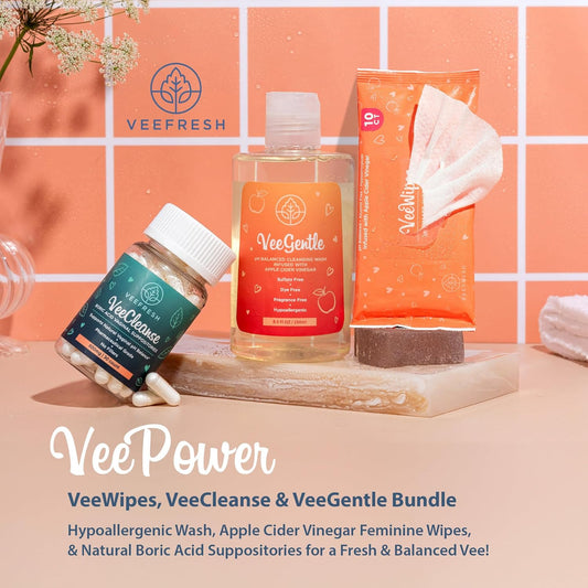 Veefresh - Veepower Feminine Care Bundle Of 3 - Veecleanse Boric Acid Suppositories, Veegentle Feminine Wash For Women And Veewipes Gentle Vaginal Wipes For Optimal Vaginal Ph Balance And Odor Control