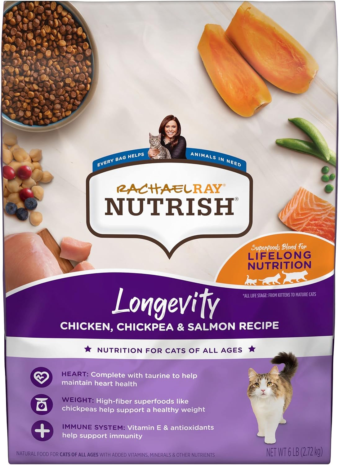 Rachael Ray Nutrish Longevity Premium Natural Dry Cat Food With Added Vitamins, Minerals & Other Nutrients, Chicken With Chickpeas & Salmon Recipe, 6 Pounds