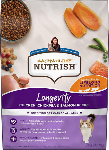 Rachael Ray Nutrish Longevity Premium Natural Dry Cat Food With Added Vitamins, Minerals & Other Nutrients, Chicken With Chickpeas & Salmon Recipe, 6 Pounds