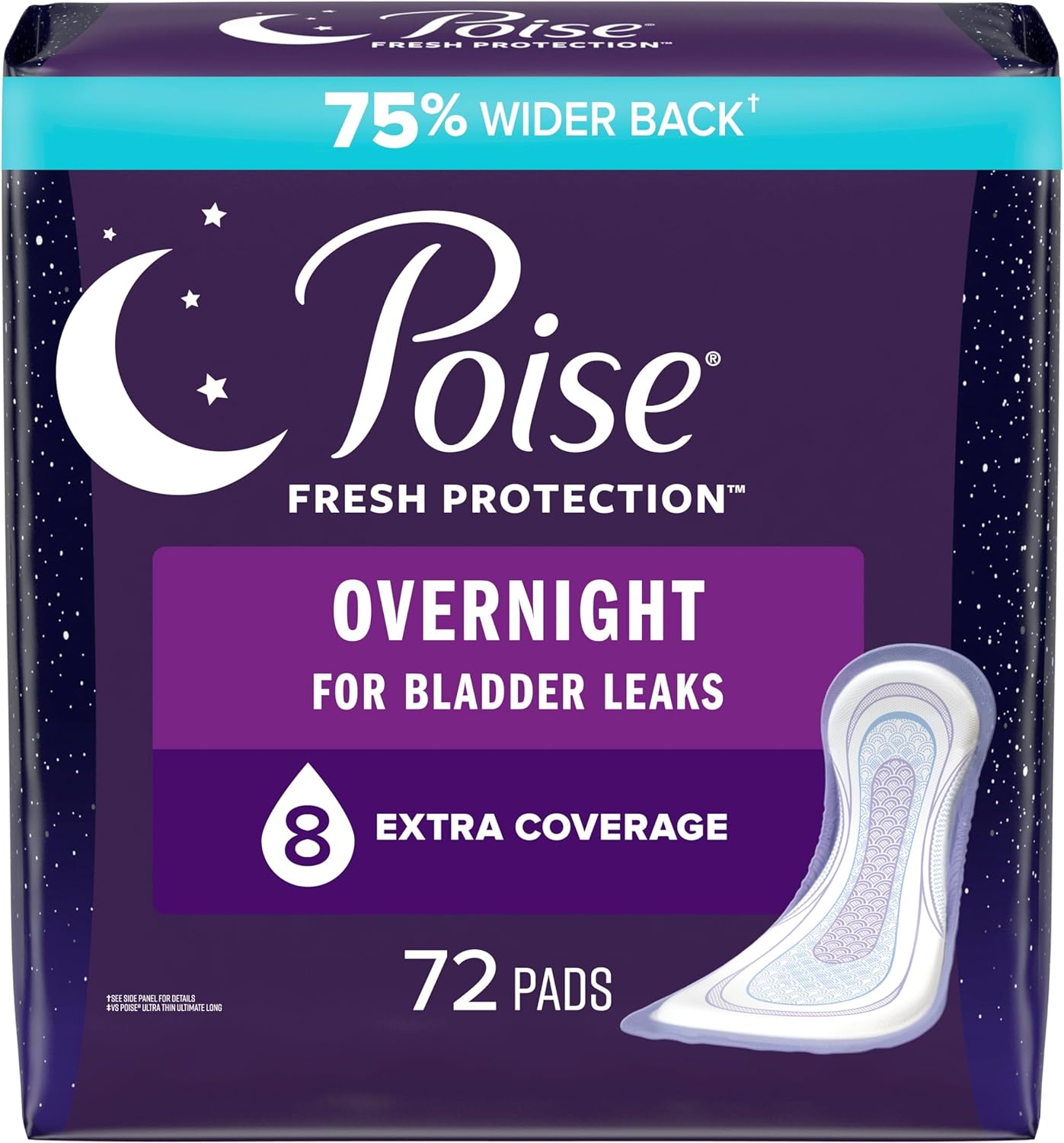 Poise Incontinence Pads & Postpartum Incontinence Pads, 8 Drop Overnight Absorbency, Extra-Coverage Length, 72 Pads (2 Packs of 36), Packaging May Vary