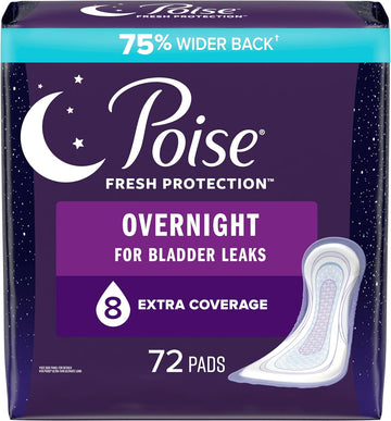 Poise Incontinence Pads & Postpartum Incontinence Pads, 8 Drop Overnight Absorbency, Extra-Coverage Length, 72 Pads (2 Packs of 36), Packaging May Vary