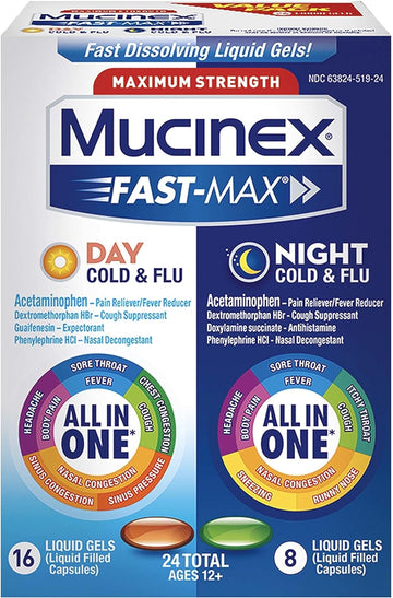 Mucinex Fast-Max Maximum Strength Cold & Flu Day and Night Medicine, All-in-One Multi-Symptom Relief Liquid Gels ? 24 count (16 time + 8 time) (Packaging May Vary)