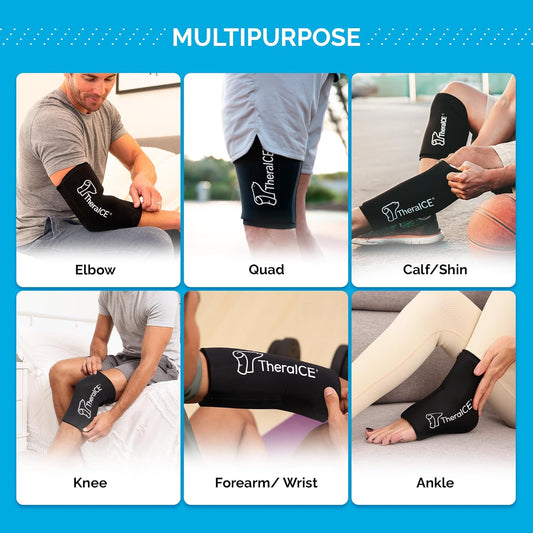 Theraice Knee Ice Pack Wrap Compression Sleeve For Injuries, Reusable Gel Cold Packs Brace Also For Elbow, Ankle & Calf - Flexible Cold Wrap Recovery For Meniscus, Acl, Mcl Pain Relief (L)