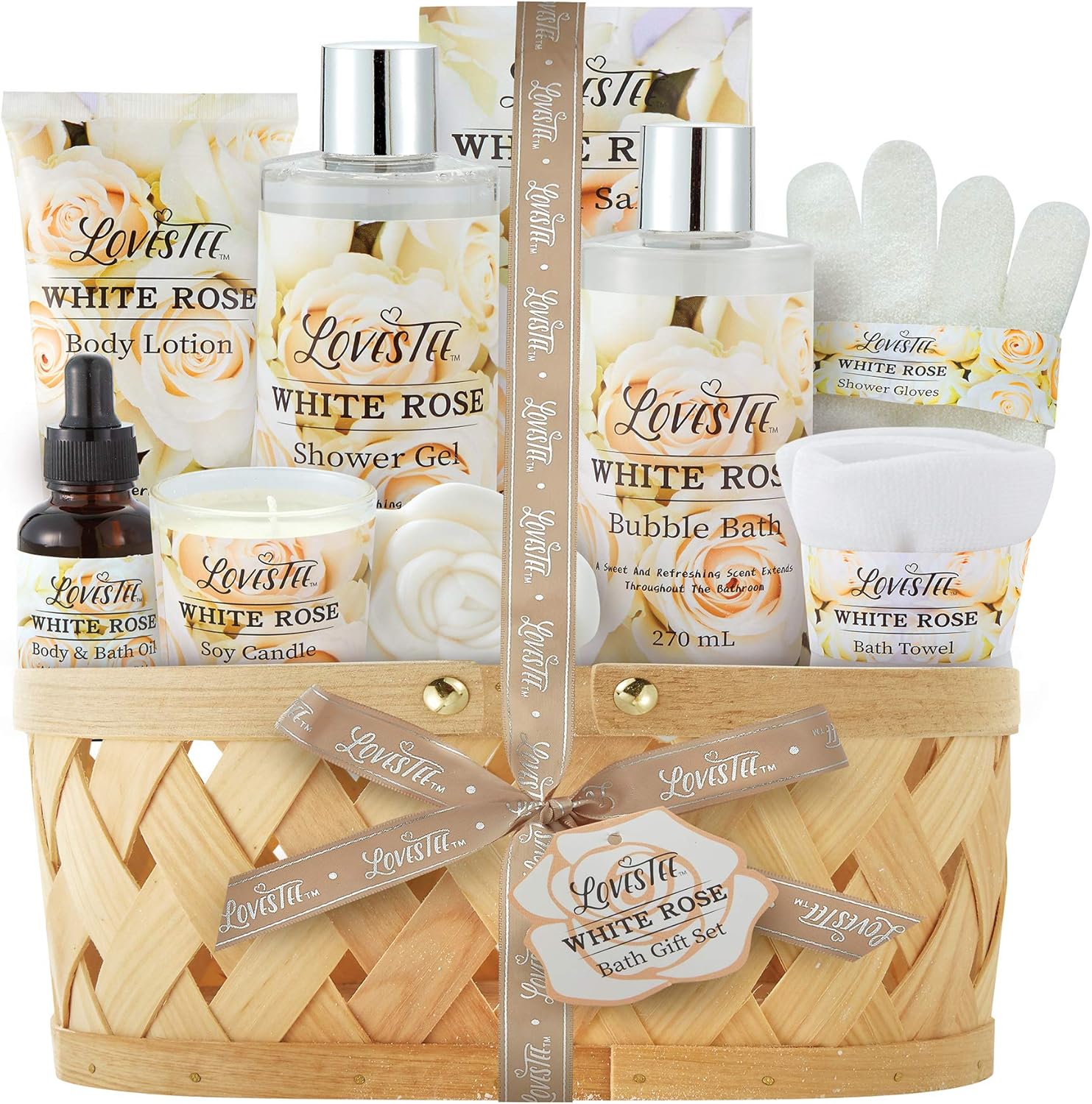 Lovestee White Rose Spa Gift Basket For Women & Men, Luxury Spa Essentials, Body Lotion, Shower Gel, Bubble Bath, Bath Salt, Towel, Soap, Oil, Candle, Gloves